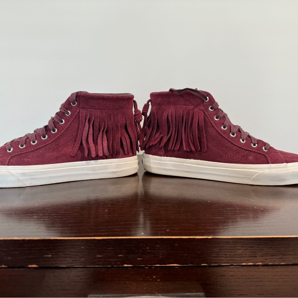 Maroon Fringe Suede Vans Sneakers